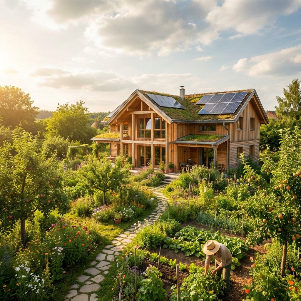 Image illustrant la permaculture, un jardin potager écologique et une communauté durable