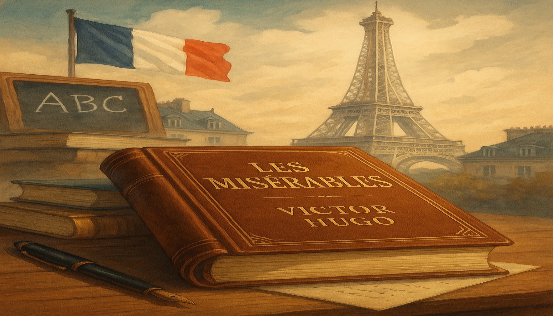 Imagen que ilustra el idioma francés, libros y la Torre Eiffel